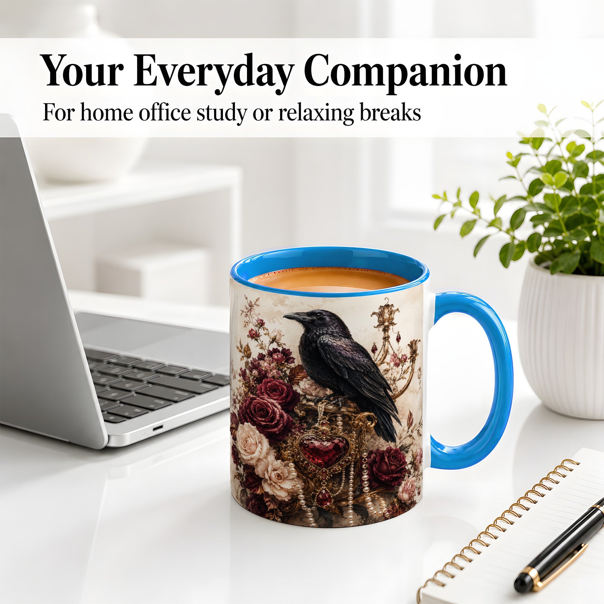 #pl[11oz|Blue] Gothic Raven Ceramic Coffee Cup, Mug with Rose Jewel Artwork