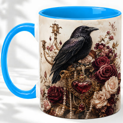 #pl[11oz|Blue] Gothic Raven Ceramic Coffee Cup, Mug with Rose Jewel Artwork