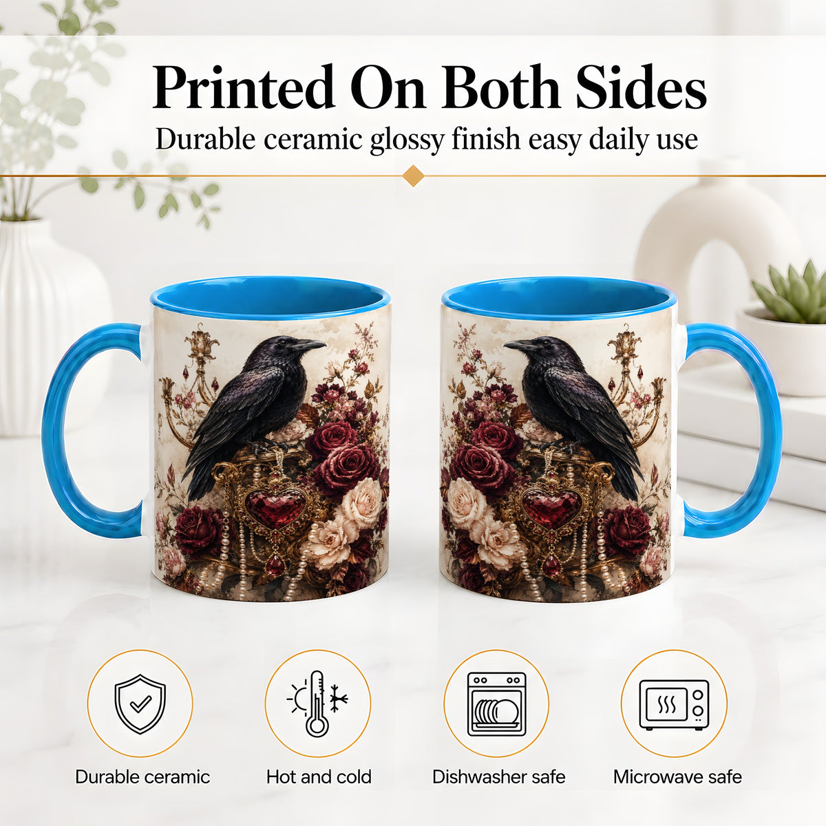 #pl[11oz|Blue] Gothic Raven Ceramic Coffee Cup, Mug with Rose Jewel Artwork