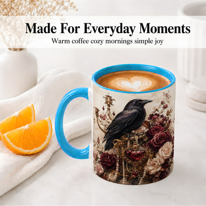 #pl[11oz|Blue] Gothic Raven Ceramic Coffee Cup, Mug with Rose Jewel Artwork