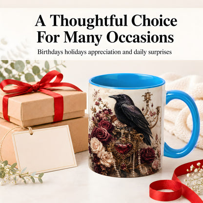 #pl[11oz|Blue] Gothic Raven Ceramic Coffee Cup, Mug with Rose Jewel Artwork