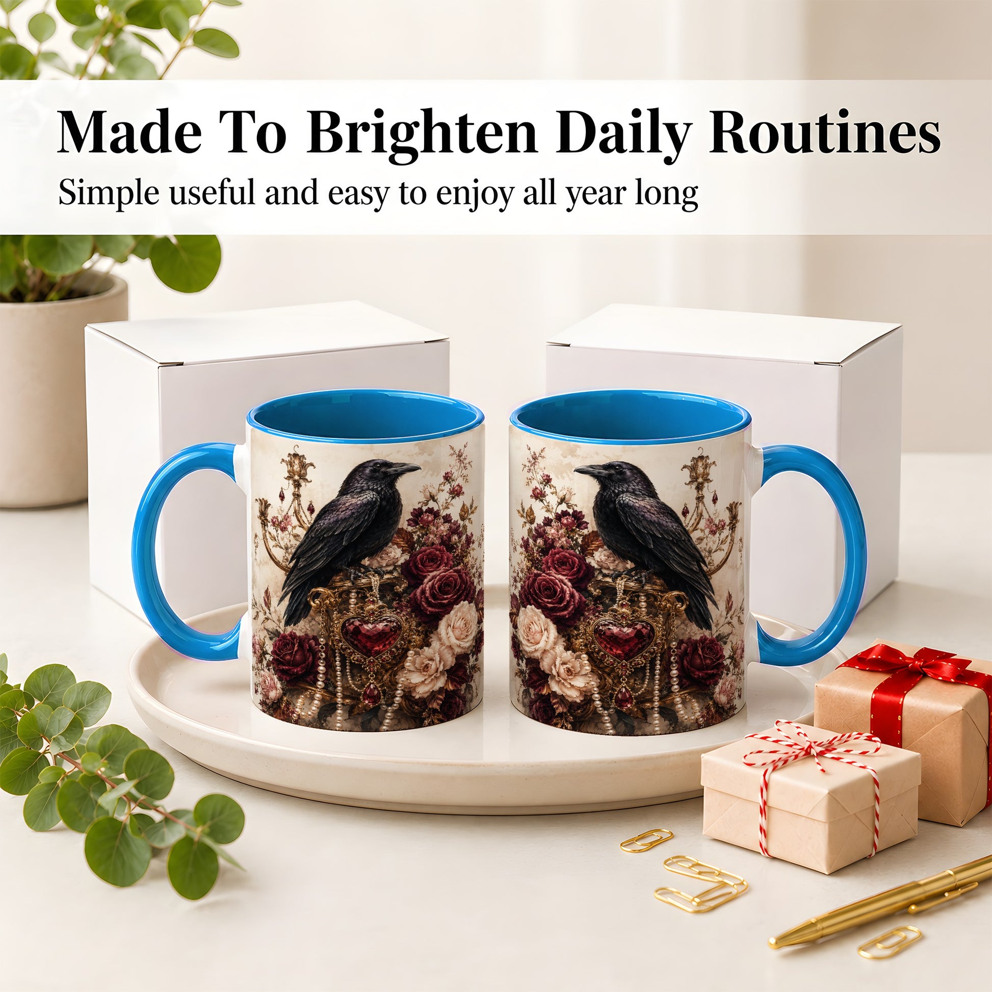 #pl[11oz|Blue] Gothic Raven Ceramic Coffee Cup, Mug with Rose Jewel Artwork