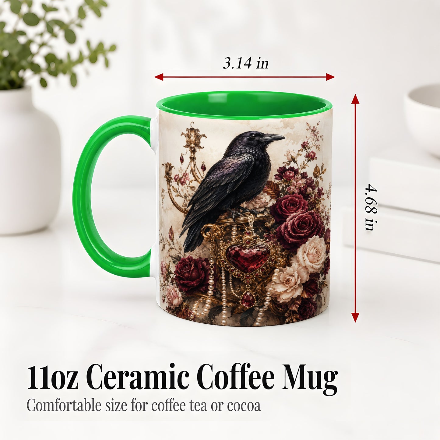 #pl[11oz|Green] Gothic Raven Ceramic Coffee Cup, Mug with Rose Jewel Artwork
