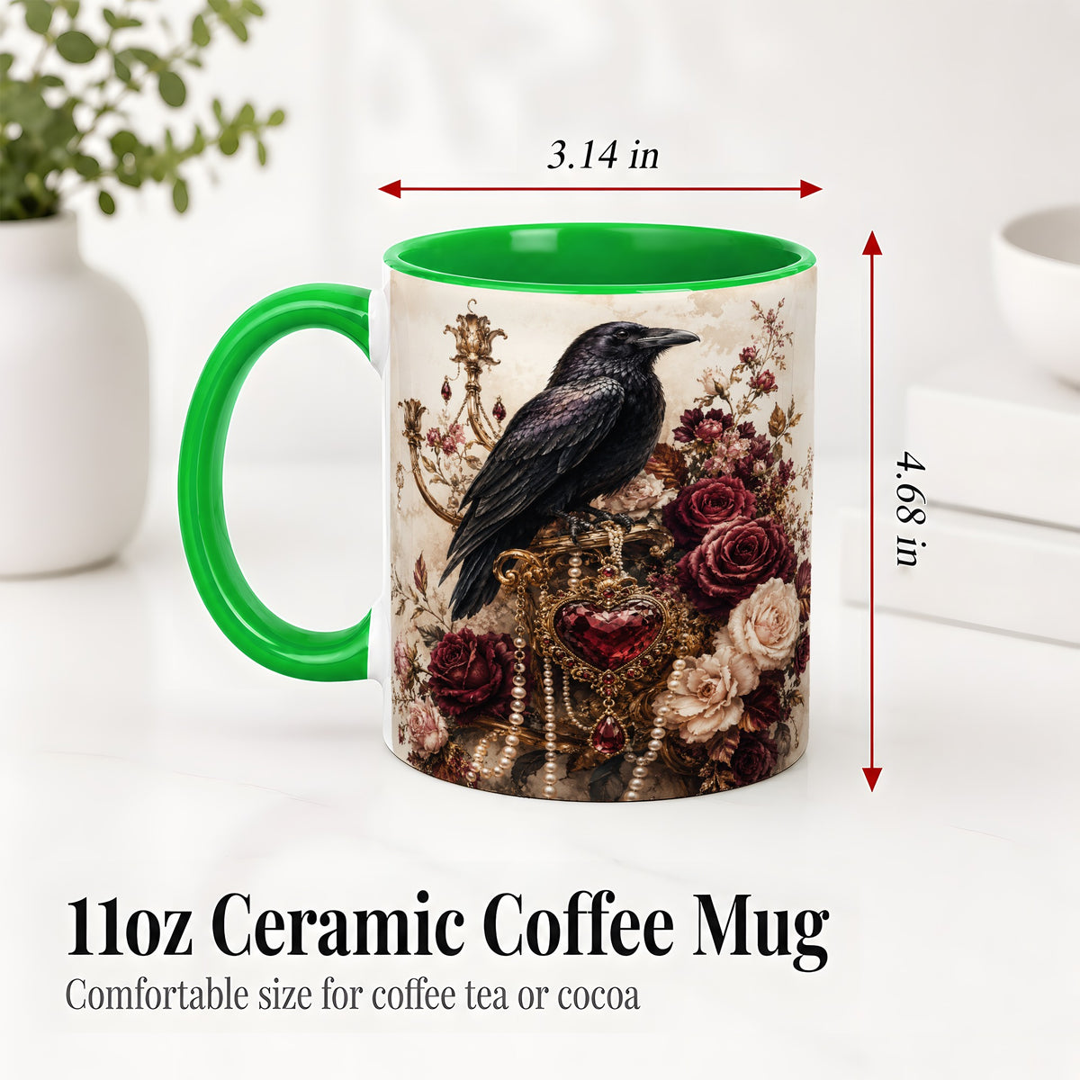 #pl[11oz|Green] Gothic Raven Ceramic Coffee Cup, Mug with Rose Jewel Artwork