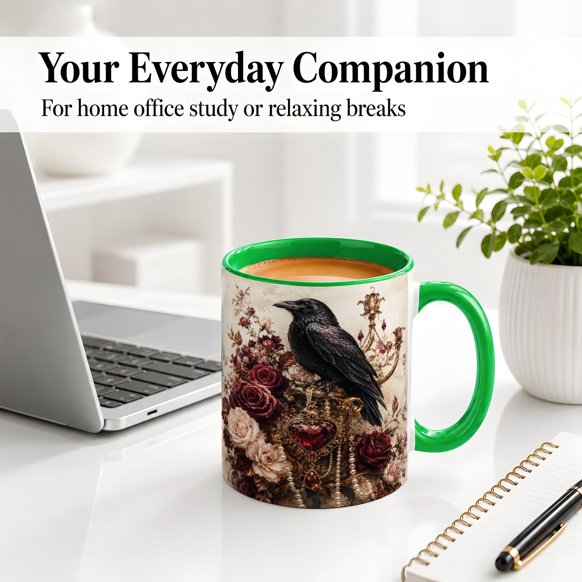 #pl[11oz|Green] Gothic Raven Ceramic Coffee Cup, Mug with Rose Jewel Artwork