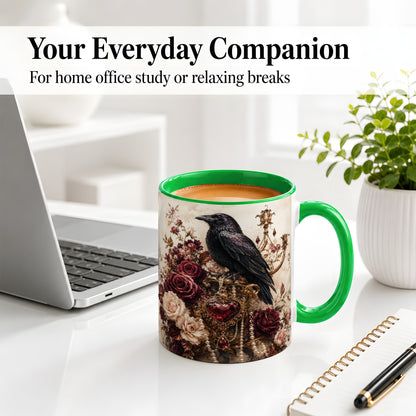 #pl[11oz|Green] Gothic Raven Ceramic Coffee Cup, Mug with Rose Jewel Artwork