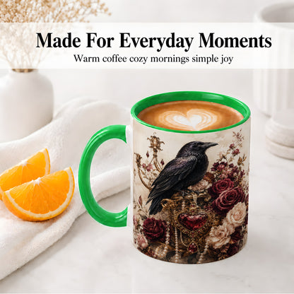 #pl[11oz|Green] Gothic Raven Ceramic Coffee Cup, Mug with Rose Jewel Artwork