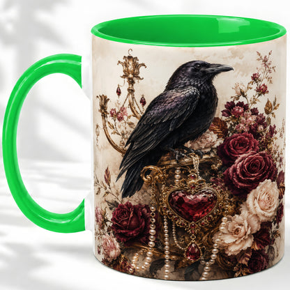 #pl[11oz|Green] Gothic Raven Ceramic Coffee Cup, Mug with Rose Jewel Artwork