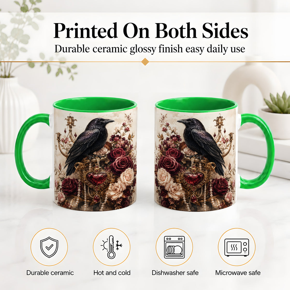 #pl[11oz|Green] Gothic Raven Ceramic Coffee Cup, Mug with Rose Jewel Artwork