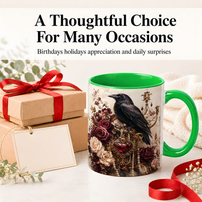 #pl[11oz|Green] Gothic Raven Ceramic Coffee Cup, Mug with Rose Jewel Artwork
