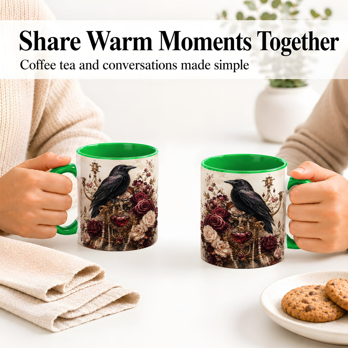 #pl[11oz|Green] Gothic Raven Ceramic Coffee Cup, Mug with Rose Jewel Artwork