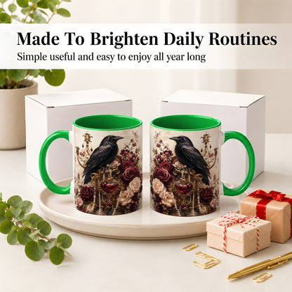 #pl[11oz|Green] Gothic Raven Ceramic Coffee Cup, Mug with Rose Jewel Artwork
