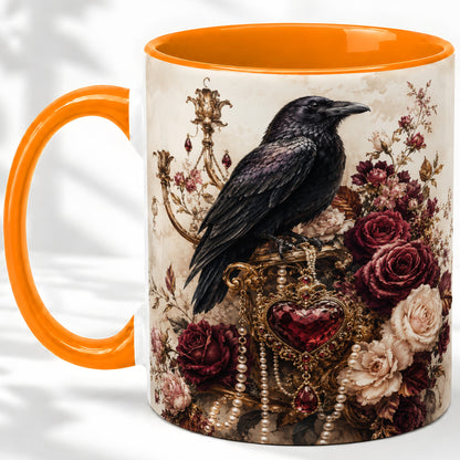 #pl[11oz|Orange] Gothic Raven Ceramic Coffee Cup, Mug with Rose Jewel Artwork