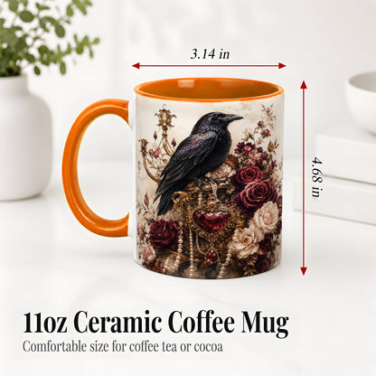 #pl[11oz|Orange] Gothic Raven Ceramic Coffee Cup, Mug with Rose Jewel Artwork