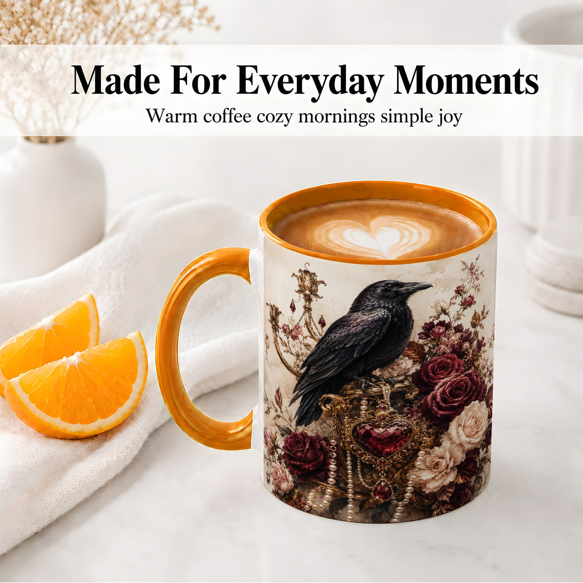 #pl[11oz|Orange] Gothic Raven Ceramic Coffee Cup, Mug with Rose Jewel Artwork