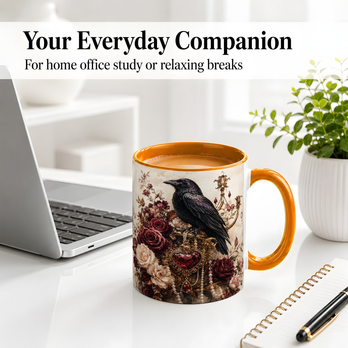 #pl[11oz|Orange] Gothic Raven Ceramic Coffee Cup, Mug with Rose Jewel Artwork