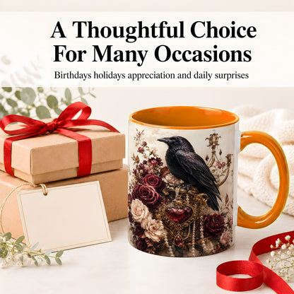 #pl[11oz|Orange] Gothic Raven Ceramic Coffee Cup, Mug with Rose Jewel Artwork