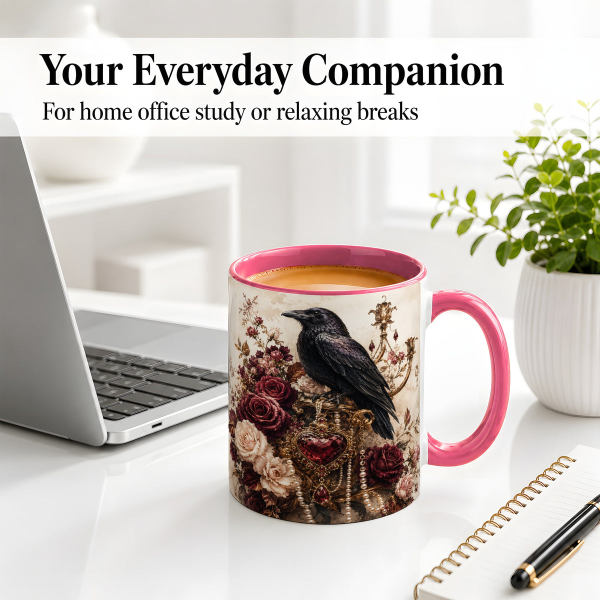#pl[11oz|Pink] Gothic Raven Ceramic Coffee Cup, Mug with Rose Jewel Artwork