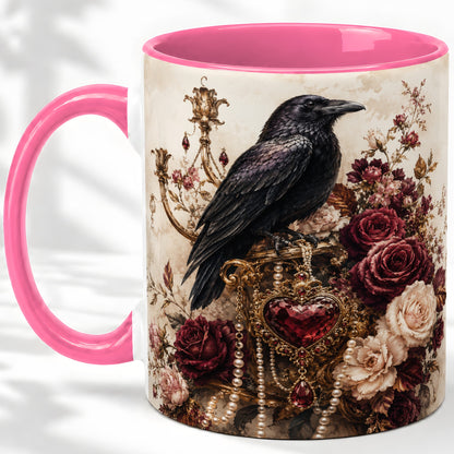 #pl[11oz|Pink] Gothic Raven Ceramic Coffee Cup, Mug with Rose Jewel Artwork