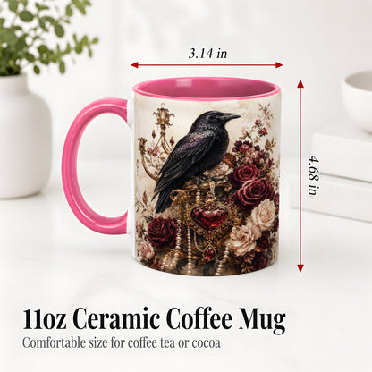 #pl[11oz|Pink] Gothic Raven Ceramic Coffee Cup, Mug with Rose Jewel Artwork