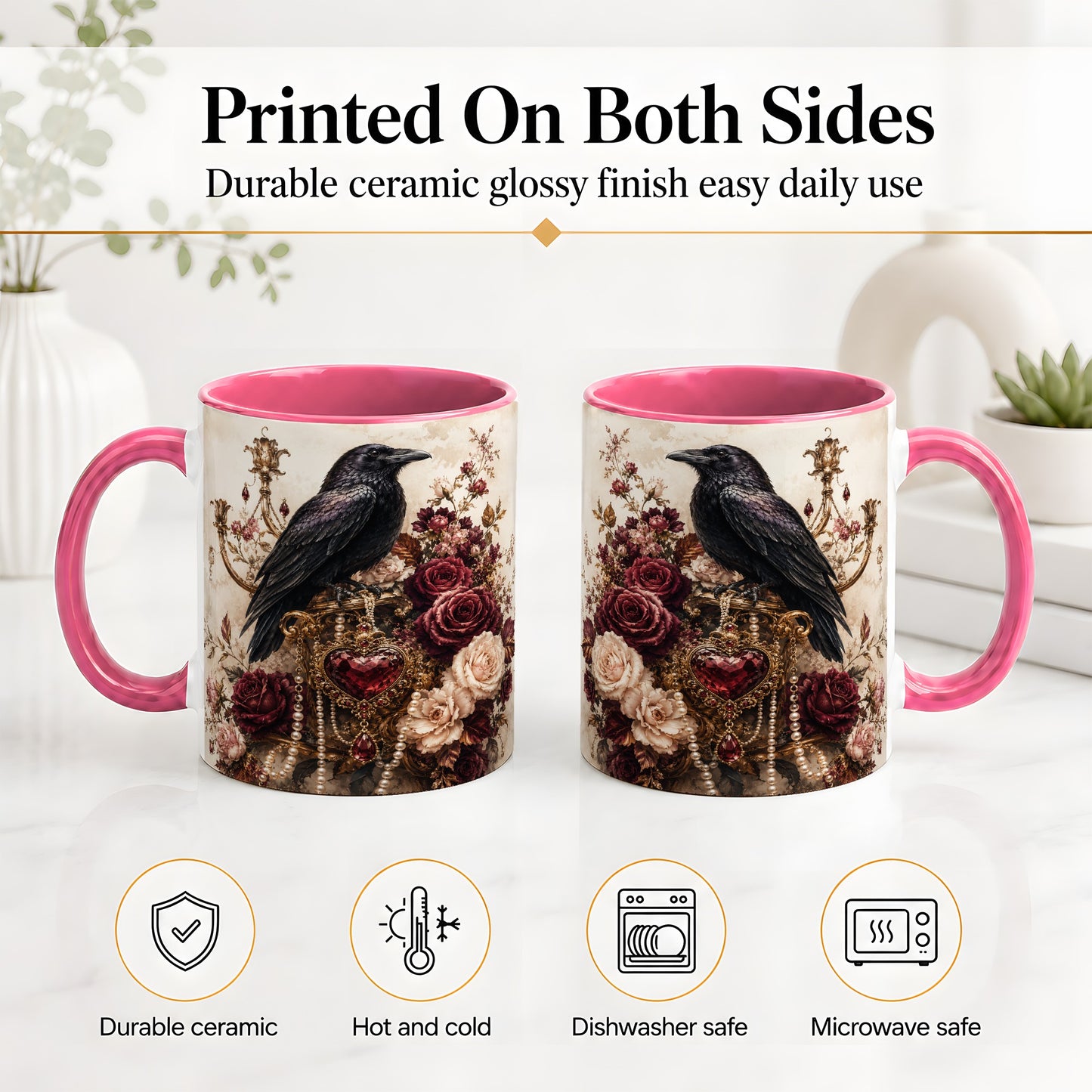 #pl[11oz|Pink] Gothic Raven Ceramic Coffee Cup, Mug with Rose Jewel Artwork