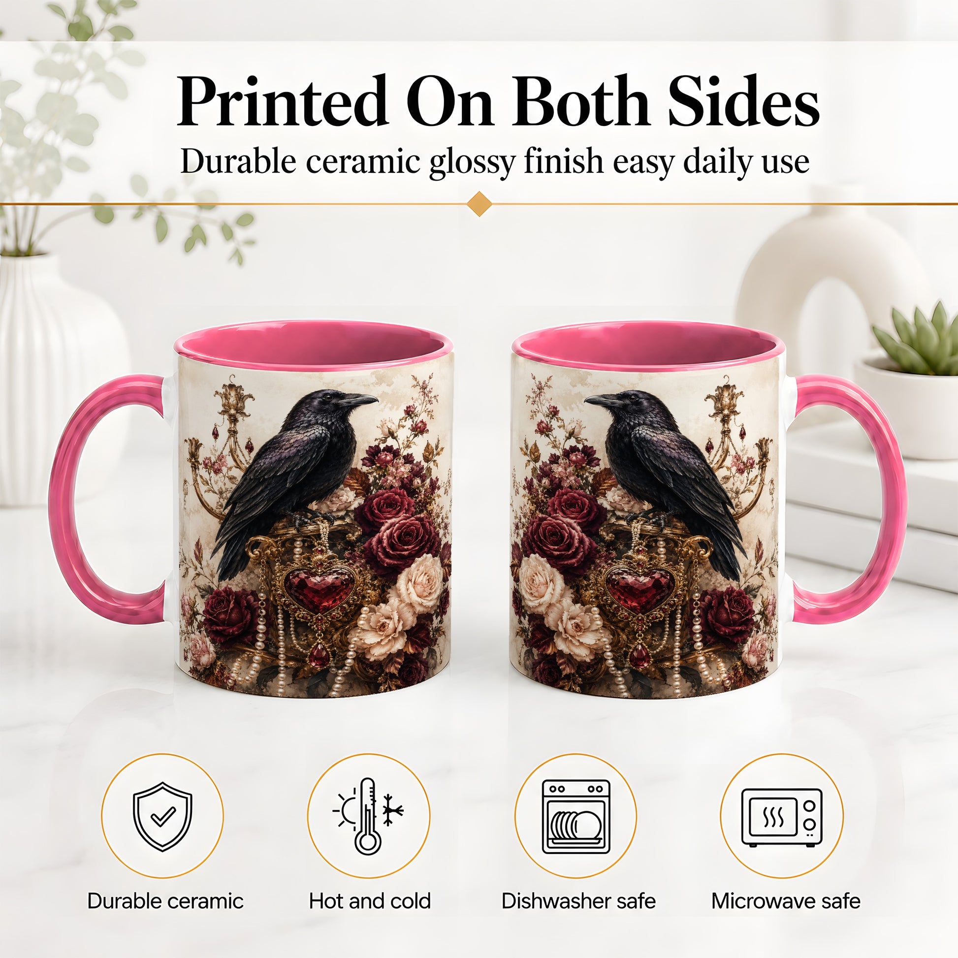 #pl[11oz|Pink] Gothic Raven Ceramic Coffee Cup, Mug with Rose Jewel Artwork