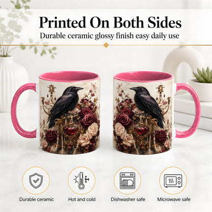 #pl[11oz|Pink] Gothic Raven Ceramic Coffee Cup, Mug with Rose Jewel Artwork