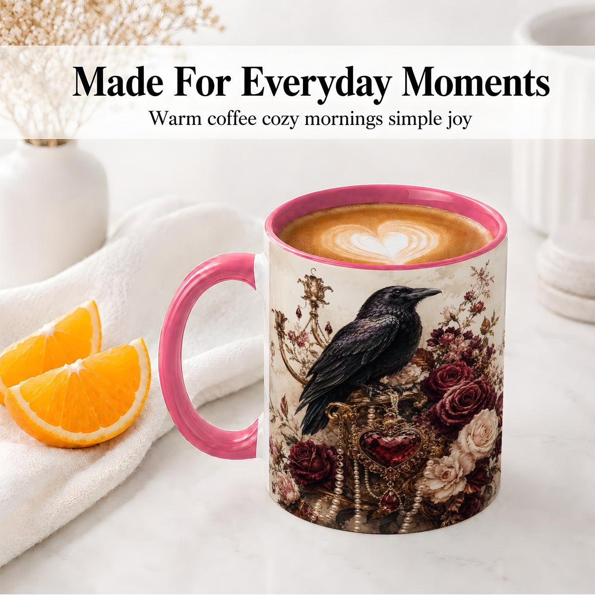 #pl[11oz|Pink] Gothic Raven Ceramic Coffee Cup, Mug with Rose Jewel Artwork