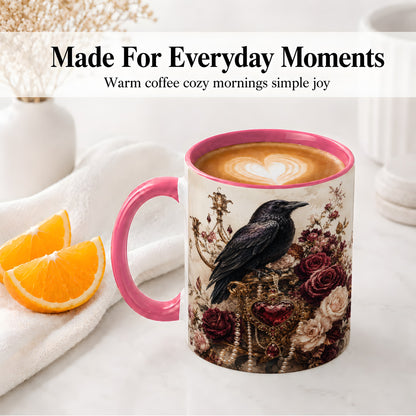 #pl[11oz|Pink] Gothic Raven Ceramic Coffee Cup, Mug with Rose Jewel Artwork