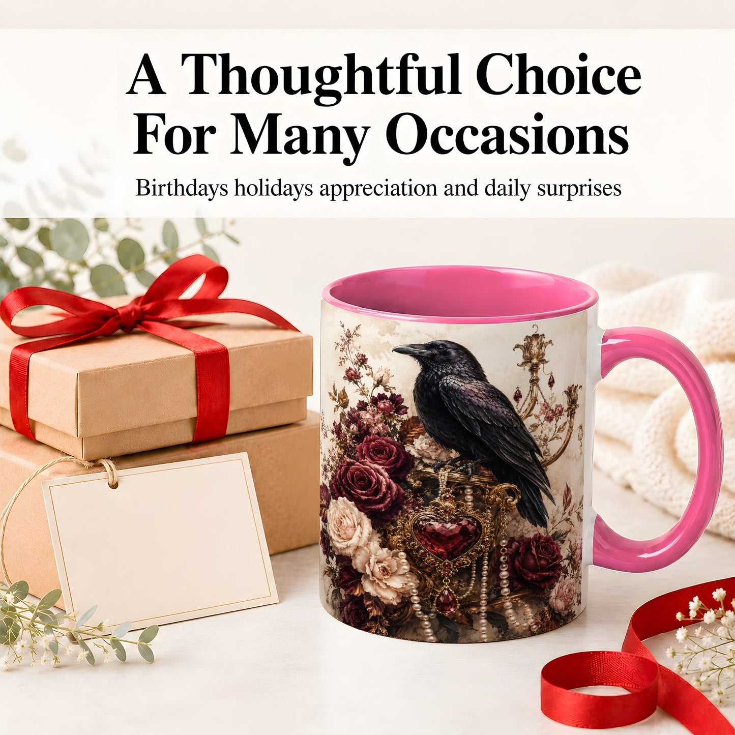 #pl[11oz|Pink] Gothic Raven Ceramic Coffee Cup, Mug with Rose Jewel Artwork