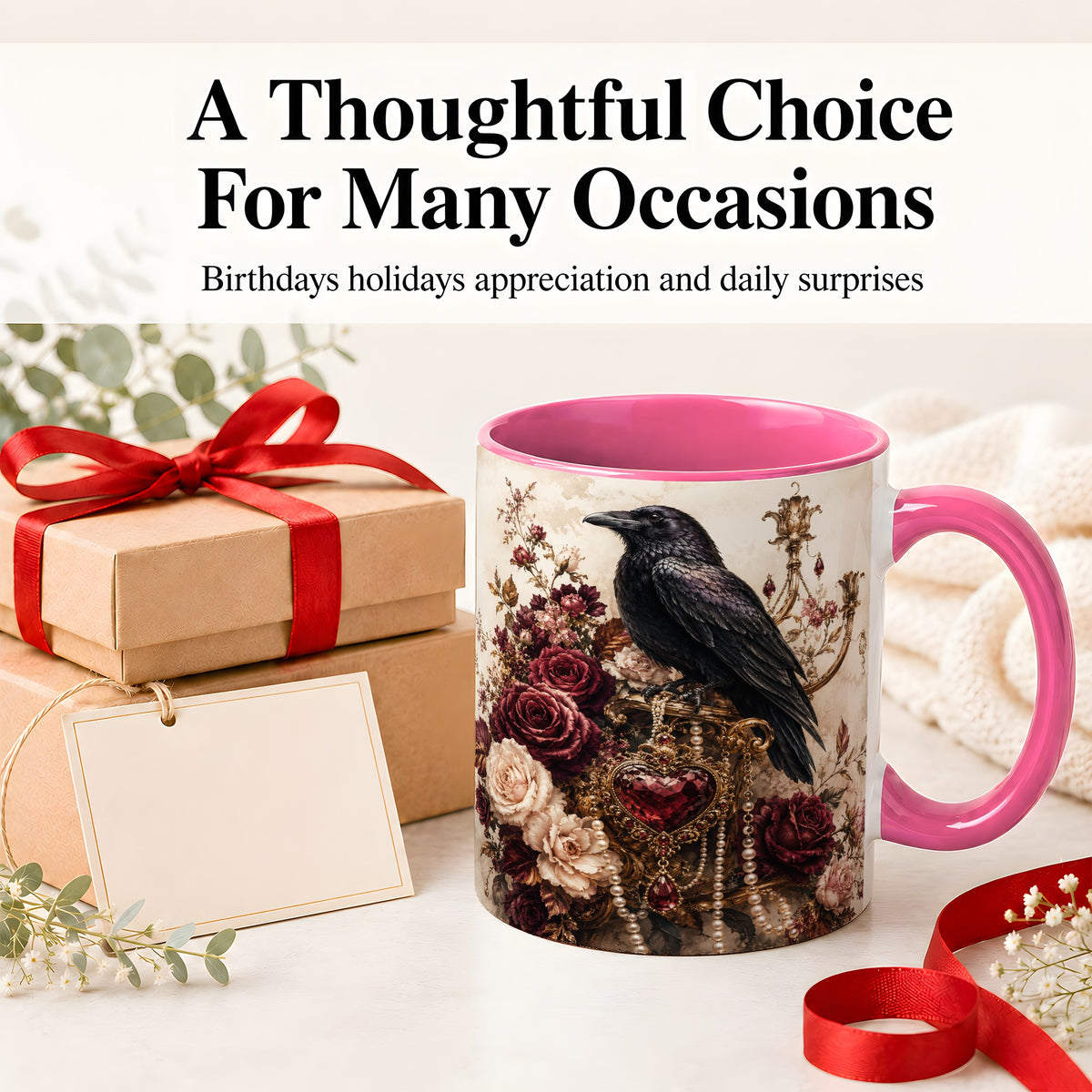 #pl[11oz|Pink] Gothic Raven Ceramic Coffee Cup, Mug with Rose Jewel Artwork