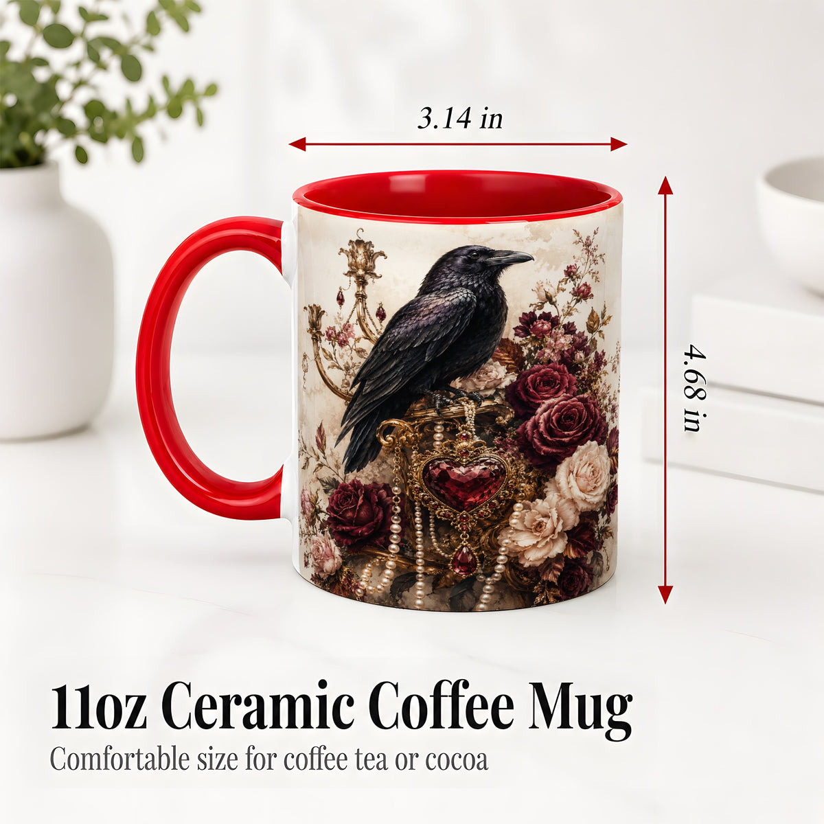 #pl[11oz|Red] Gothic Raven Ceramic Coffee Cup, Mug with Rose Jewel Artwork