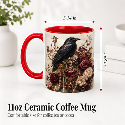 #pl[11oz|Red] Gothic Raven Ceramic Coffee Cup, Mug with Rose Jewel Artwork