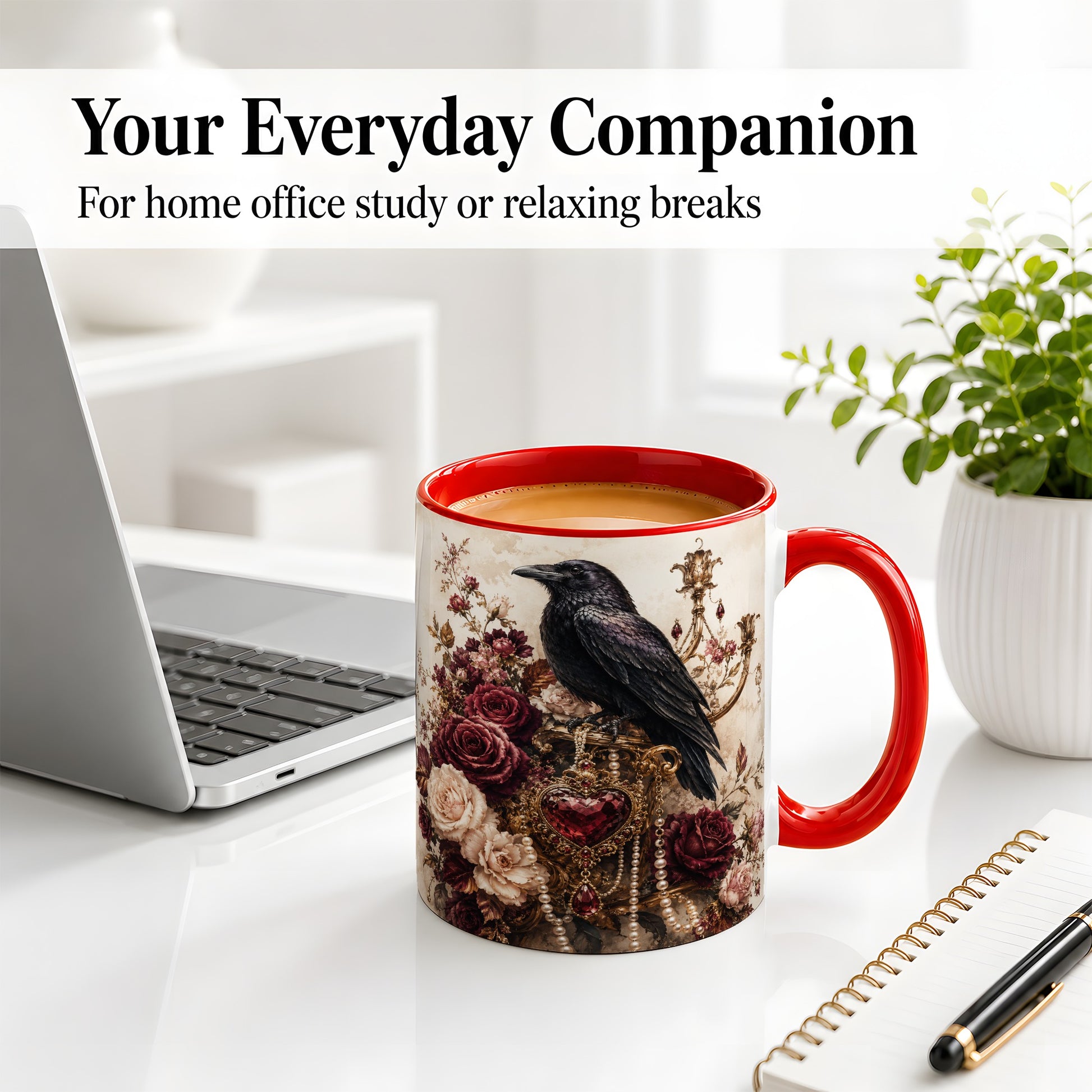 #pl[11oz|Red] Gothic Raven Ceramic Coffee Cup, Mug with Rose Jewel Artwork