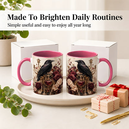 #pl[11oz|Pink] Gothic Raven Ceramic Coffee Cup, Mug with Rose Jewel Artwork