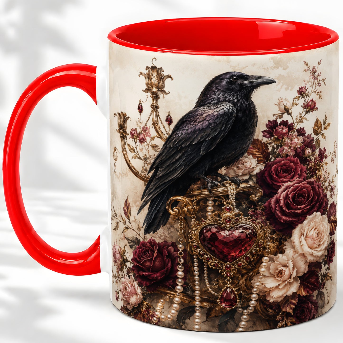 Gothic Raven Ceramic Coffee Cup, Mug with Rose Jewel Artwork