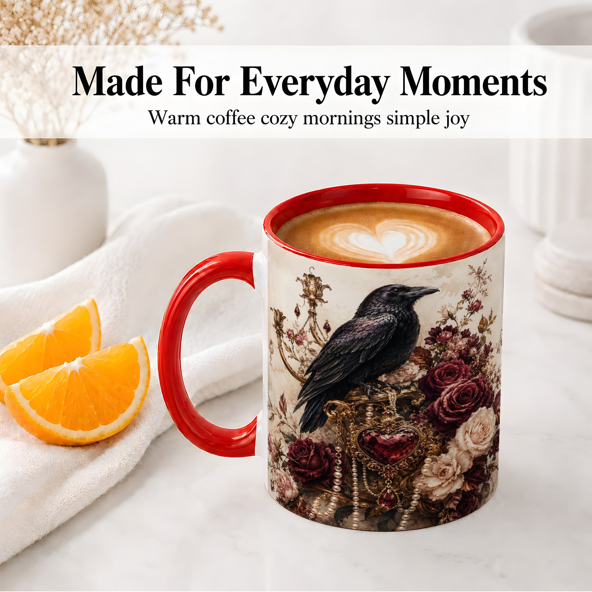 #pl[11oz|Red] Gothic Raven Ceramic Coffee Cup, Mug with Rose Jewel Artwork