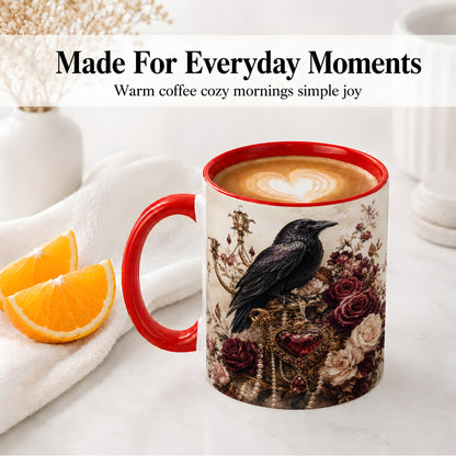 #pl[11oz|Red] Gothic Raven Ceramic Coffee Cup, Mug with Rose Jewel Artwork