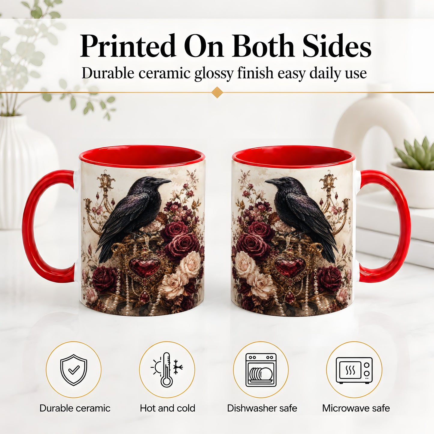 #pl[11oz|Red] Gothic Raven Ceramic Coffee Cup, Mug with Rose Jewel Artwork