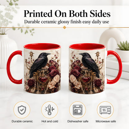 #pl[11oz|Red] Gothic Raven Ceramic Coffee Cup, Mug with Rose Jewel Artwork