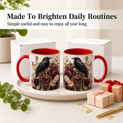 #pl[11oz|Red] Gothic Raven Ceramic Coffee Cup, Mug with Rose Jewel Artwork