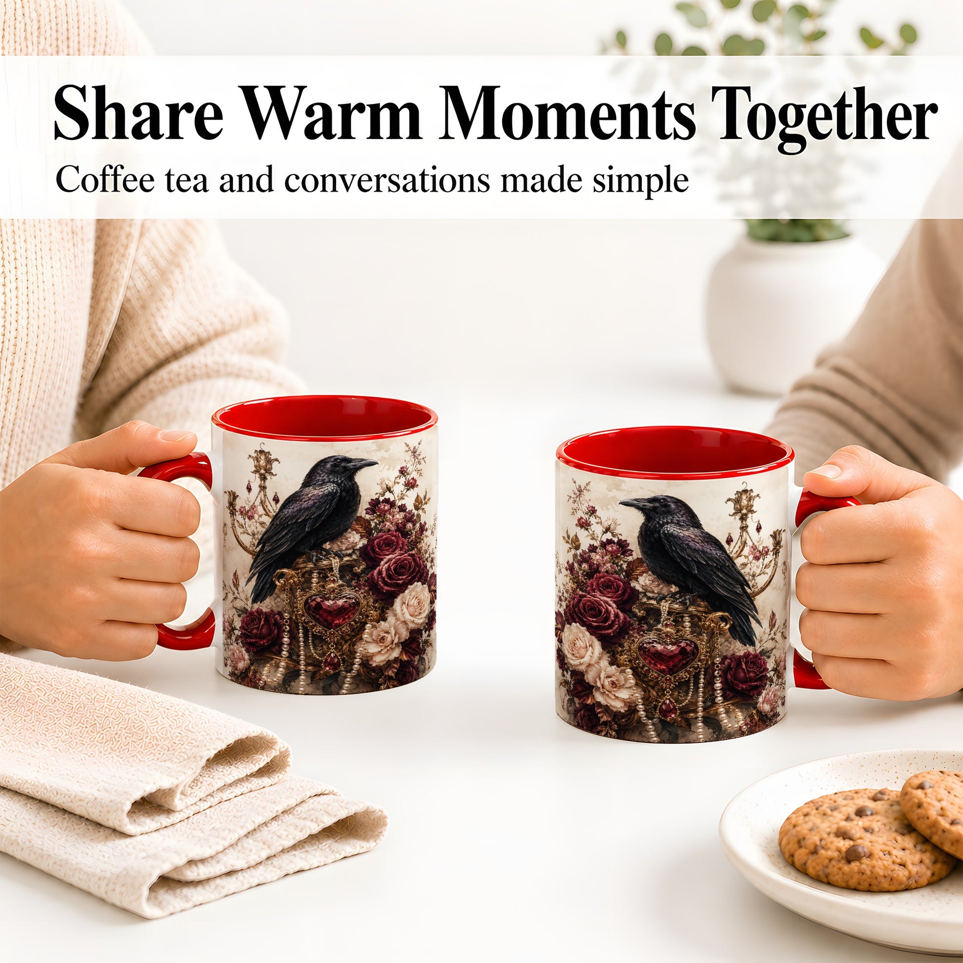 #pl[11oz|Red] Gothic Raven Ceramic Coffee Cup, Mug with Rose Jewel Artwork
