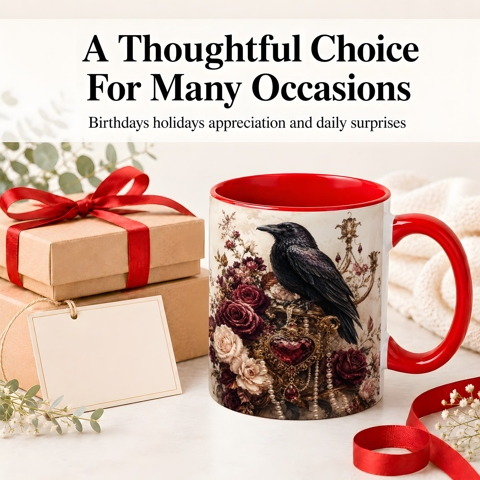 #pl[11oz|Red] Gothic Raven Ceramic Coffee Cup, Mug with Rose Jewel Artwork