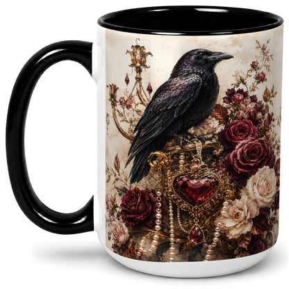 #pl[15oz|Black] Gothic Raven Ceramic Coffee Cup, Mug with Rose Jewel Artwork