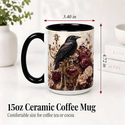 #pl[15oz|Black] Gothic Raven Ceramic Coffee Cup, Mug with Rose Jewel Artwork