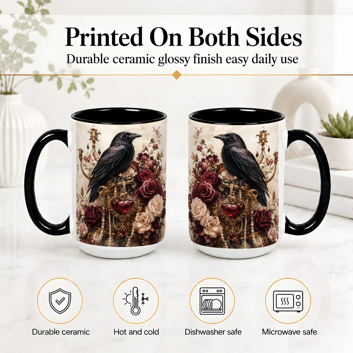#pl[15oz|Black] Gothic Raven Ceramic Coffee Cup, Mug with Rose Jewel Artwork