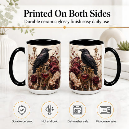 #pl[15oz|Black] Gothic Raven Ceramic Coffee Cup, Mug with Rose Jewel Artwork