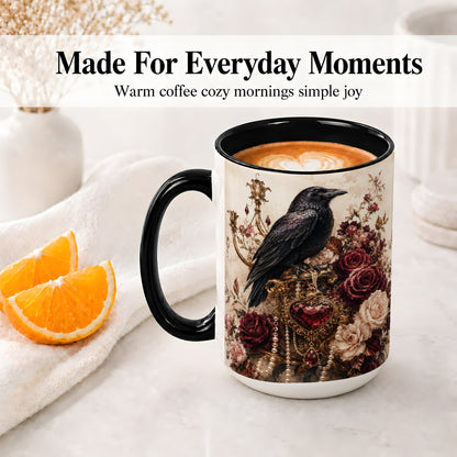 #pl[15oz|Black] Gothic Raven Ceramic Coffee Cup, Mug with Rose Jewel Artwork
