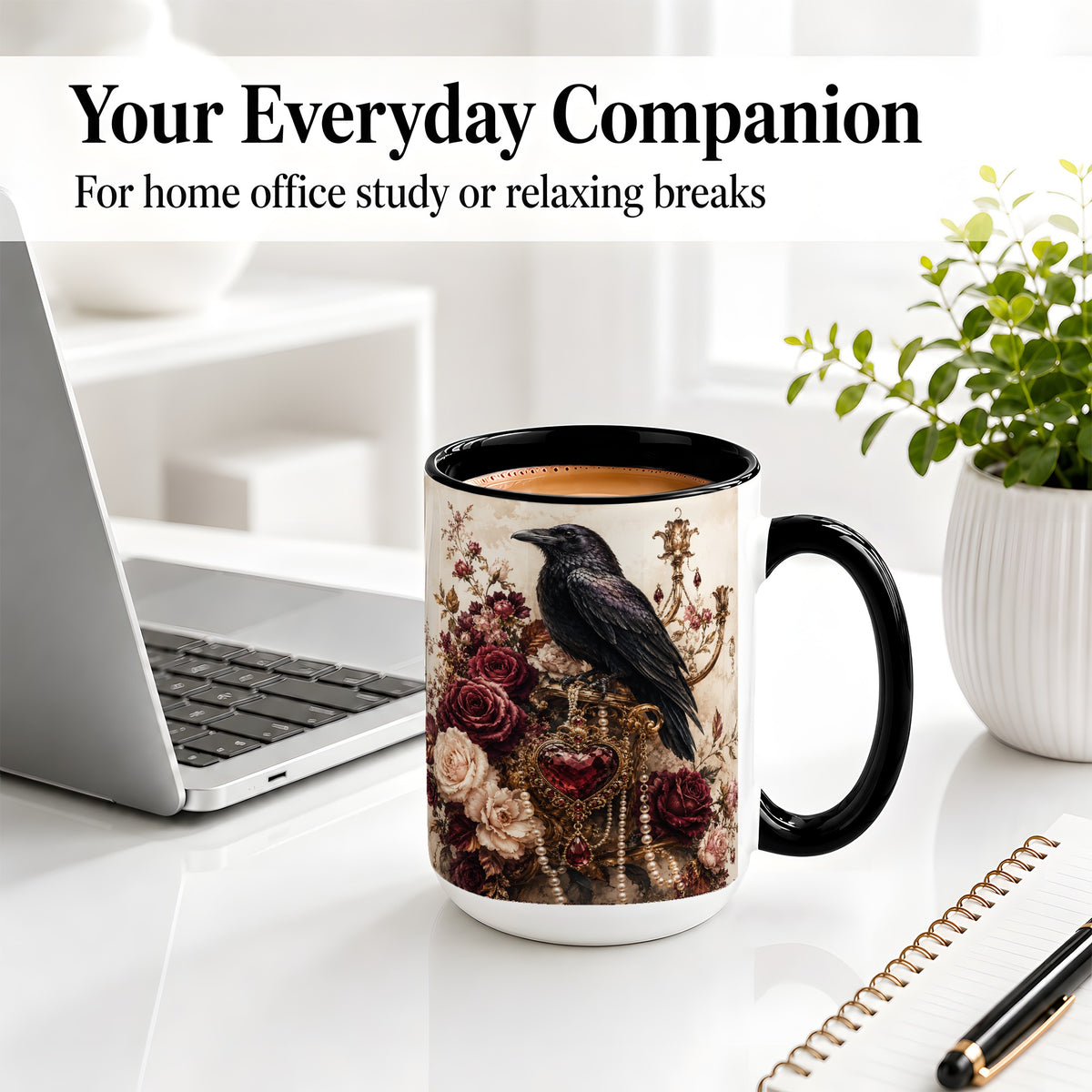 #pl[15oz|Black] Gothic Raven Ceramic Coffee Cup, Mug with Rose Jewel Artwork