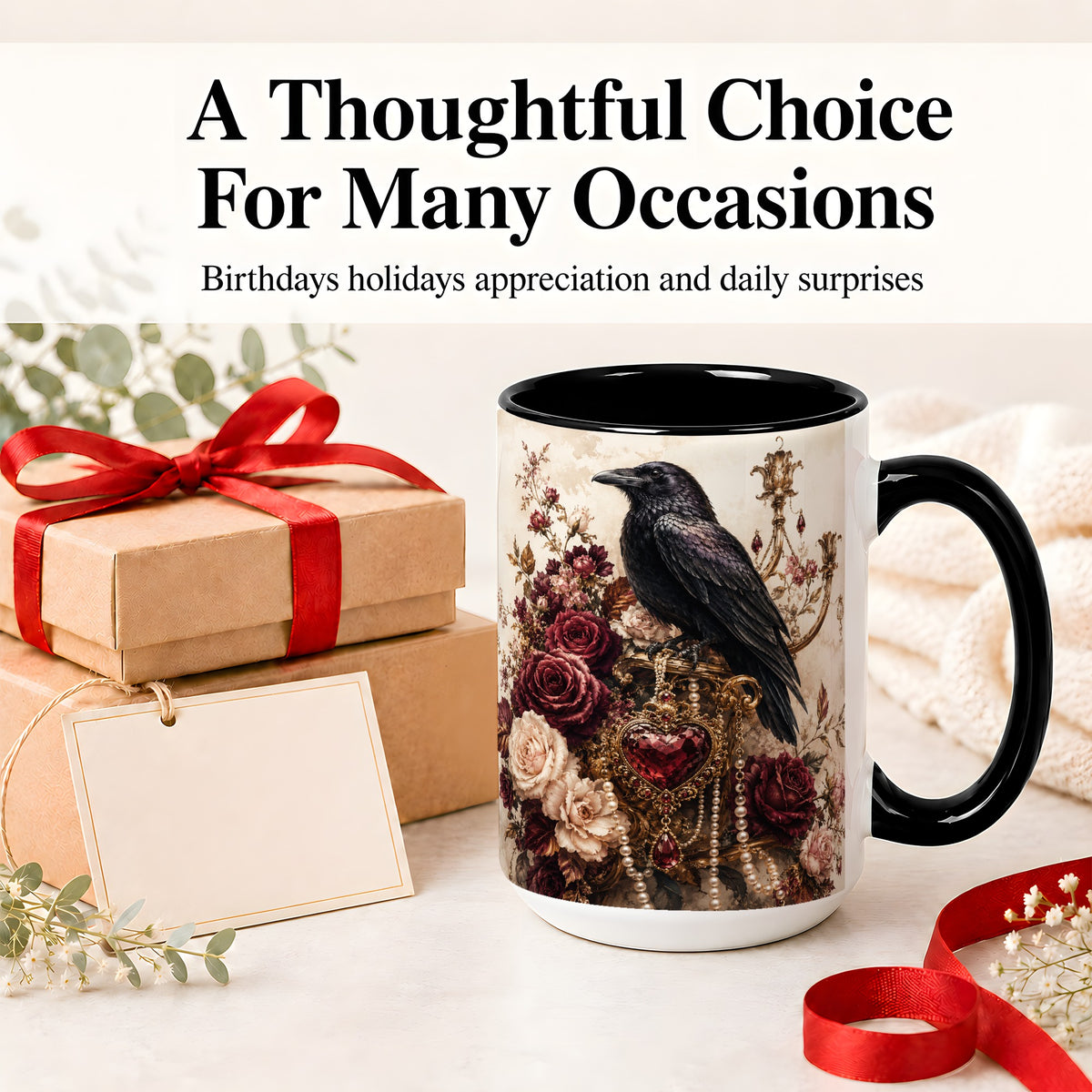 #pl[15oz|Black] Gothic Raven Ceramic Coffee Cup, Mug with Rose Jewel Artwork